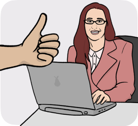 Woman in front of a laptop and an hand with thumbs up 